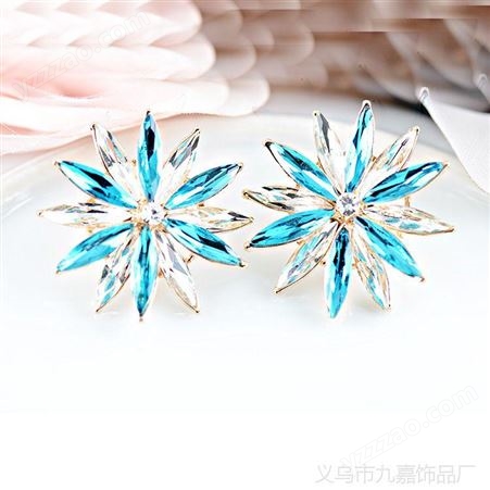 韩国饰品 欧美马眼水晶耳夹耳钉 进口大气款式耳夹 蓝色水晶耳钉