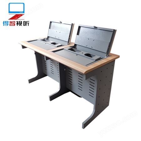 多媒体电教室手动液晶屏翻转桌 双人位隐藏手动翻转显示器电脑桌