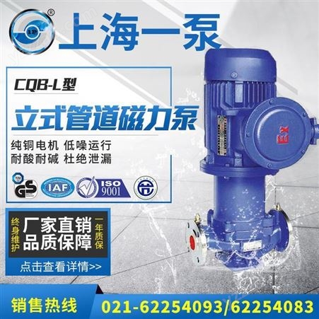 上海一泵CQB100-80L型立式管道磁力泵管道离心泵防爆化工管道泵
