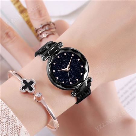 稳达时-D6时尚潮流手表女磁吸铁石不锈钢带防水双日历石英手表