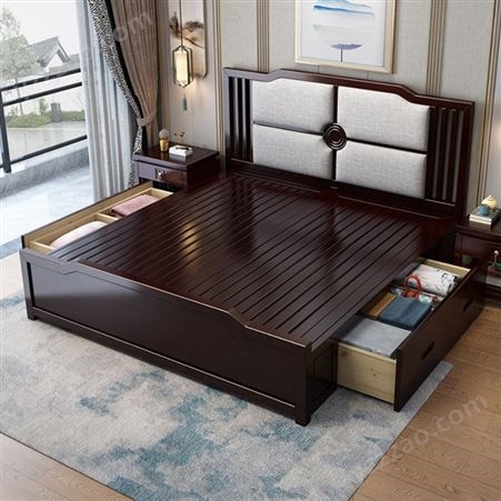 福建新中式实木床 1.8米1.5简约储物床定制 现代家具卧室双人床
