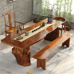 现代中式实木整板桌 自然边长桌泡茶大板桌椅设计 原木功夫茶桌办公批发